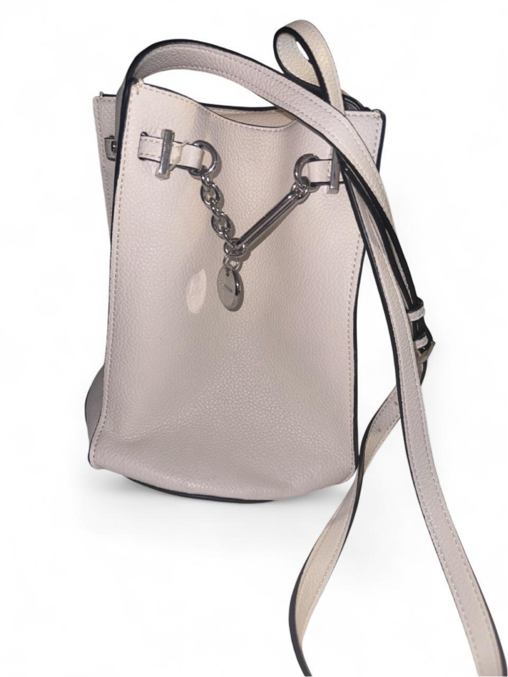 Calvin Klein Cream Pebbled Leather Crossbody Bucket Bag with Chain Accent
